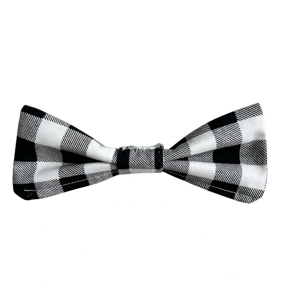 Hand Crafted Black Plaid Dog Bow Tie Cotton Collar Attachable 6” Accessory